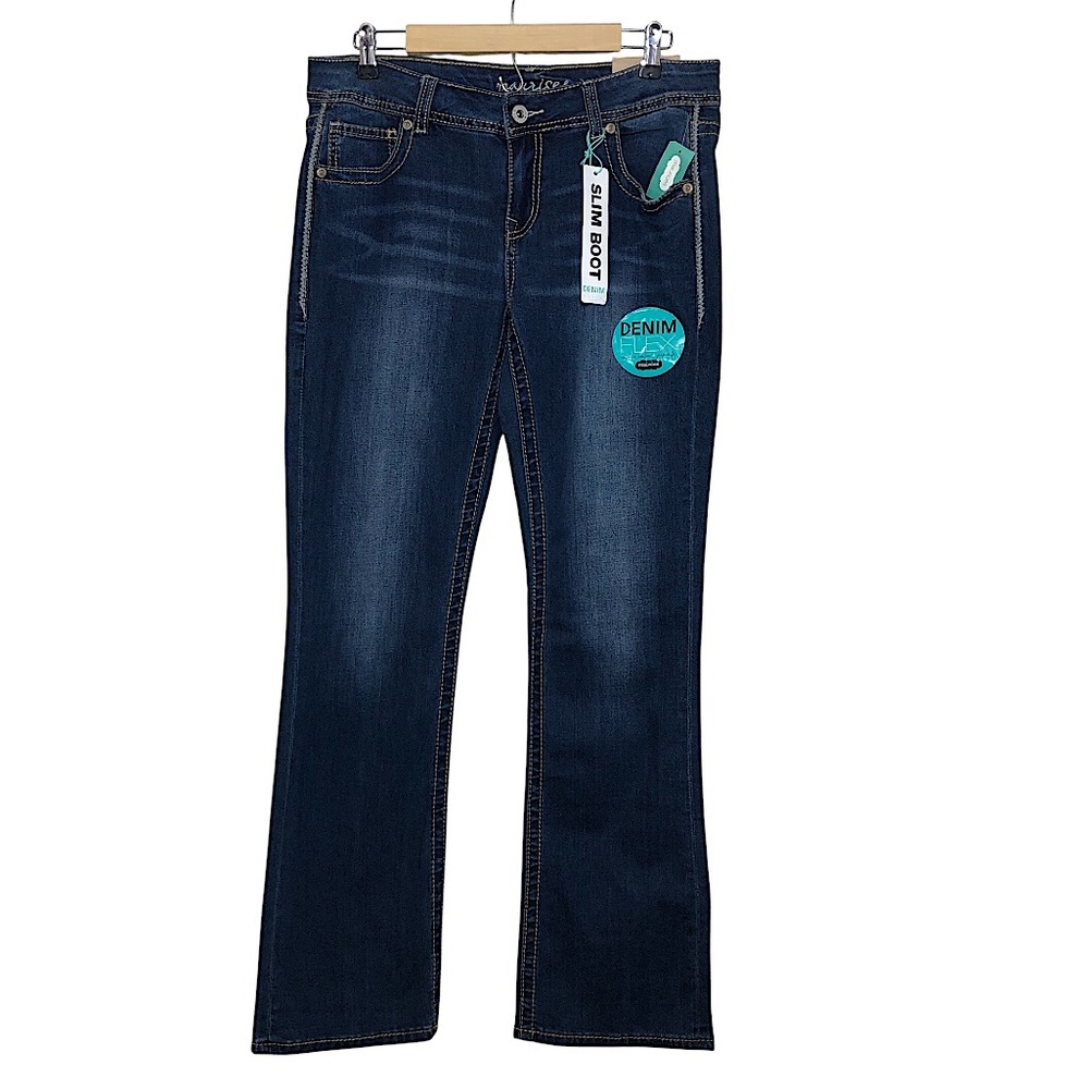 Maurices Stretchy Blue Wash Mid Rise Embellished Pockets Slim Boot Jeans 11/12